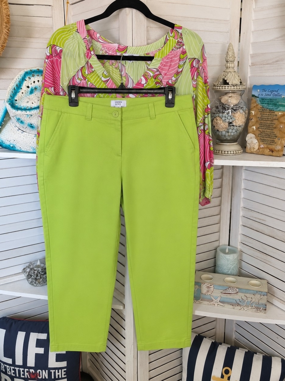 Crown & Ivy SET- Pink and Lime Swirl Print Blouse & Lime Pants SZ L - Picture 3 of 12